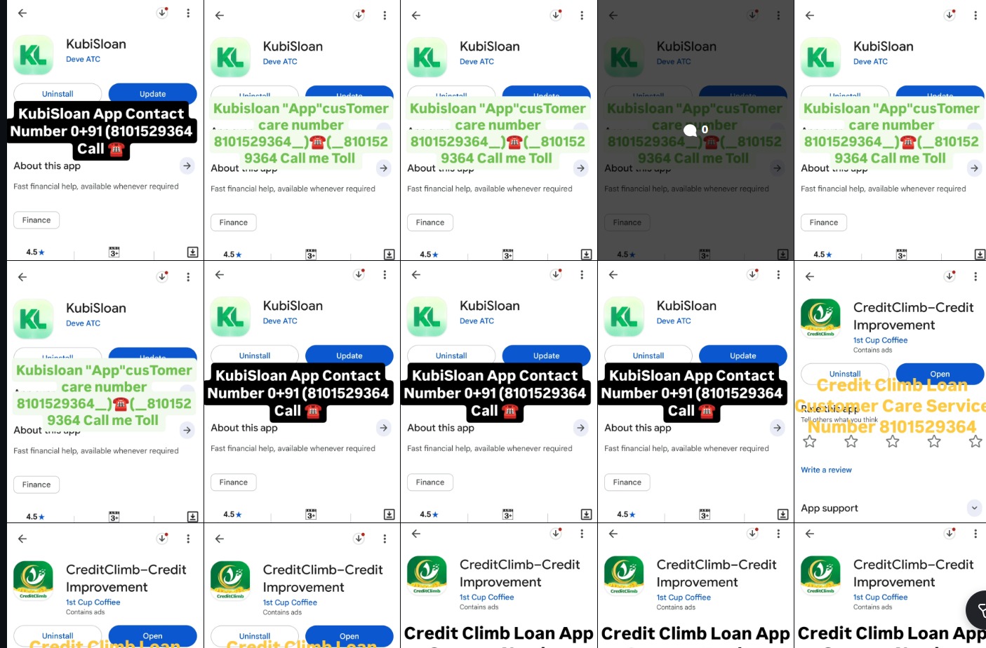 Play Store listings of KubiSloan and CreditClimb scam apps showing fraudulent customer care numbers